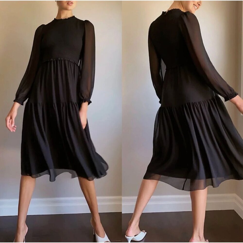 Wilfred Rosalyn Dress Smocked Sheer Long Sleeves Tiered Midi Black Size XS